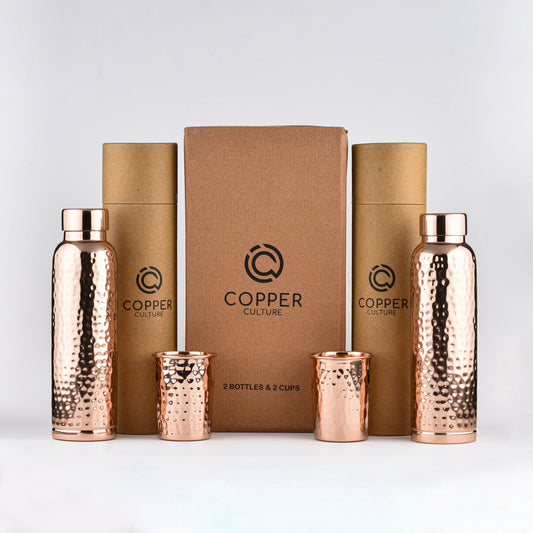 Hammered Copper Gift Set - 2 Bottles & 2 Mugs